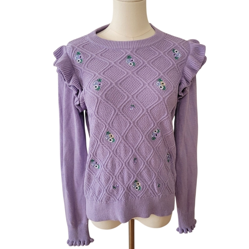 Charter Club Lavender Floral Ruffle Sweater Size Medium Petite - Picture 2 of 5